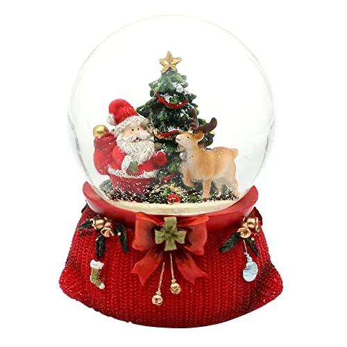 Dekohelden24 Große Schneekugel, Weihnachtsmann mit REH und Tannenbaum, mit Sound, auf aufwendig dekoriertem Sockel, Maße L/B/H: 10 x 10 x 14 cm Kugel Ø 10 cm