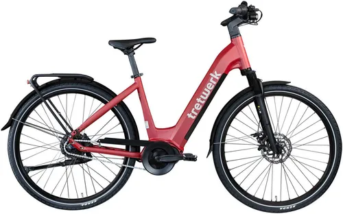 E-Bike TRETWERK "Amber Nexus" Gr. 48, rot - E-Bikes, Damen 28 Zoll Elektrofahrrad mit einer Reichweite von bis zu 130 km dank leistungsstarkem Ananda M60 Mittelmotor und 550 Wh Akku, ideal für Stadtfahrten und Ausflüge.