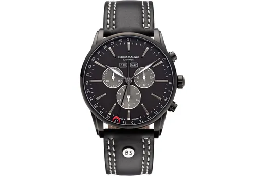 BRUNO SÖHNLE Chronograph Herrenuhr Glashütte Limited Edition - Chronographen, limitierte Auflage von nur 199 Exemplaren, mit wasserdichtem Saphirglas und elegantem Lederarmband in Schwarz.