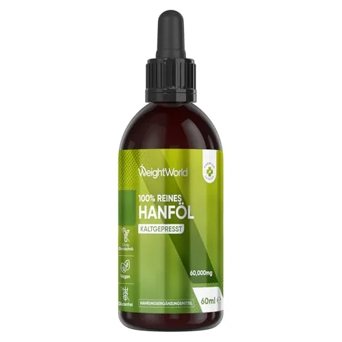 Hanföl Tropfen 60ml - 2000mg reines Hanfsamenöl von WeightWorld - Omega 3-6-9 Öl, kaltgepresst und vegan, reich an essentiellen Fettsäuren für eine gesunde Ernährung. Ideal als Alternative zu Kapseln, glutenfrei und nach GMP-Standards hergestellt.