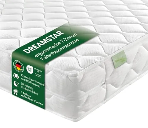 Kaltschaummatratze Ergo Flex von Dreamstar - Ergonomische 7-Zonen Wendematratze, ideal für Bauch-, Rücken- und Seitenschläfer, mit abnehmbarem und waschbarem Bezug, perfekt für Allergiker. Größe 100 cm x 200 cm, zwei Härtegrade für individuellen Schlafkomfort.