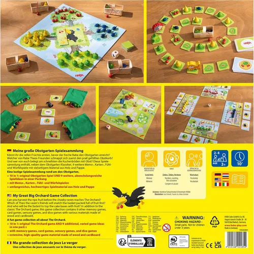 Haba 302282 - Meine große Obstgarten-Spielesammlung - Gesellschaftsspiele mit 10 abwechslungsreichen Spielideen, die Gedächtnis und Wortschatz bei Kindern ab 3 Jahren fördern. Hochwertige Holz- und Kartonteile garantieren langlebigen Spielspaß.
