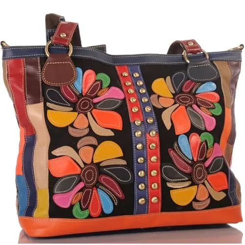 KMISSO Große Damen Leder Patchwork Tasche 2-in-1 – Bunte Schultertasche & Shopper mit Blumen-Applikationen - Hochwertige Damen Handtasche aus echtem Leder im einzigartigen Patchwork-Design. Als Henkeltasche oder Umhängetasche tragbar, bietet sie großzügigen Stauraum für Geldbörse und mehr. Ideal für Alltag und Freizeit.