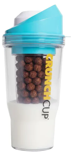 CrunchCup Original Tragbarer Müslibecher To Go - Blau - Der CrunchCup® ist der ideale Begleiter für ein schnelles Frühstück oder Snacks unterwegs. Mit seinem cleveren Zwei-Kammer-System kannst du Milch und Trockenzutaten sicher aufbewahren und direkt im Mund mischen – ganz ohne Schüssel!