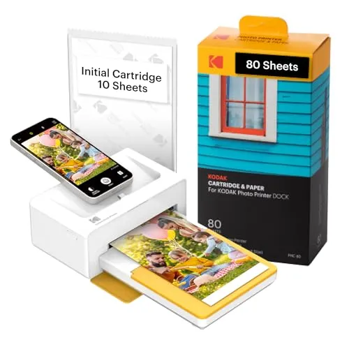 KODAK Dock Plus 4PASS-Fotodrucker mit 90 Blatt Fotopapier - Fotodrucker für 10 x 15 cm Fotos, kompatibel mit Apple und Android, ermöglicht sofortiges Drucken und Aufladen deines Geräts. Hochwertige Drucke dank 11PASS-Technologie, wasser- und fingerabdruckgeschützt.