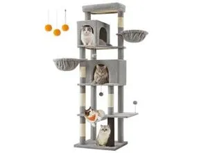 Feandrea Kratzbaum XXL, mehrstöckiger Katzenbaum - Kratzbaum für Katzen, 190,7 cm hoch mit 2 Höhlen, 2 Liegemulden und Hängematte. Ideal für Mehrkatzenhaushalte, bietet sicheren Spielspaß und gemütliche Rückzugsorte.
