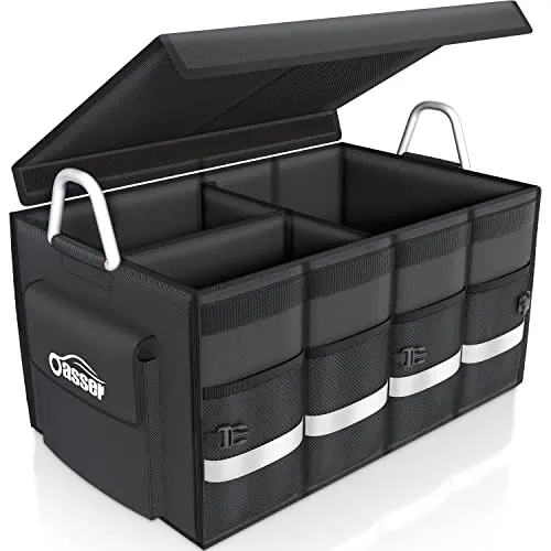 Oasser Kofferraumtasche Organizer 65L - Praktische, wasserdichte Kofferraumtasche mit robustem Aluminiumgriff und 65L Kapazität. Ideal für Ordnung im Auto, schützt Ihre Ladung vor Staub und Regen.