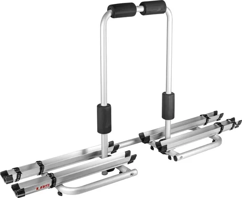 LAS 11807 Deichsel-Fahrradträger für 2 Fahrräder - Fahrradträger für Wohnwagen, abklappbar mit schwenkbarem U-Bügel für einfachen Zugang zum Flaschenkasten und verstellbaren Aluminium-Schienen für optimale Anpassung.