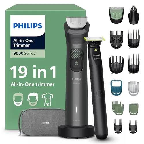 PHILIPS MG9556/15 All-in-One 9000 Series - Multigroomer mit 19 Aufsätzen, OneBlade-Technologie für präzise Konturen und Hautschonung, ideal für Bart- und Körperpflege.