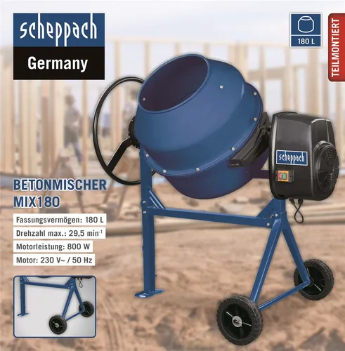 Scheppach Betonmischer Mix 180 L - Effizienter Mörtelmischer - Betonmischer mit 180 Litern Trommelvolumen, ideal für Bauprojekte. Mit 800 W Leistung und 390 mm Füllöffnung, perfekt für gleichmäßige Mischungen.