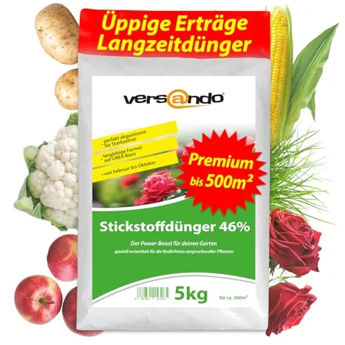 versando 5kg Stickstoffdünger für Rasen und Gemüse - Hochwertiger Stickstoffdünger mit 46% UREA für bis zu 500m², ideal für üppiges Wachstum von Rasen, Gemüse und Blumen. Langzeitwirkung von Frühjahr bis Herbst für gesunde, grüne Pflanzen.