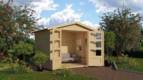 Karibu Gartenhaus Amberg 3 - Naturbelassenes Satteldachhaus 246x186 cm - Gartenhaus aus nordischer Fichte mit Sicherheitsüberfalle, ideal für gemütliche Lounges im Garten. Einfacher Aufbau und individuelle Gestaltungsmöglichkeiten.