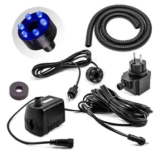 CLGarden Wasserspielpumpe Set SP1-S mit Licht blau, Dichtung, Schlauch, 12Volt Trafo für Springbrunnen Pumpe Miniteich 500l/h