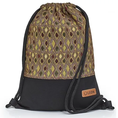 By Bers Leon großer Premium Turnbeutel mit Innentaschen Rucksack Tasche Damen Herren Teenager Gym Bag Draw String 45x34cm für Sport Reise Alltag Einkauf (TB_Boho_Schwarz_013)