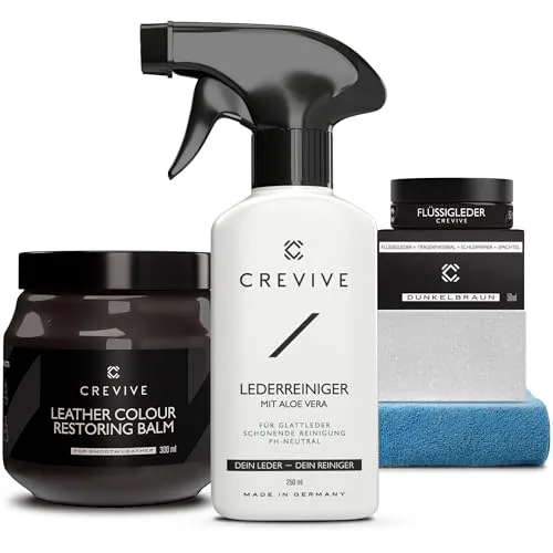 CREVIVE Lederpflegeset 8-teilig - Autopflege & Motorradpflege: Alles für die Lederreparatur - inkl. Flüssigleder, Reiniger und Balsam. Nachhaltige Pflege für Sofa, Couch und Auto.