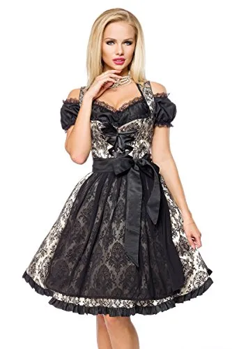 Dirndline Damen Festliches Brokatdirndl Kleid schwarz/Gold, L - Elegantes Dirndl für besondere Anlässe, mit edlem Brokatdesign und passender Schürze, ideal für festliche Feiern.
