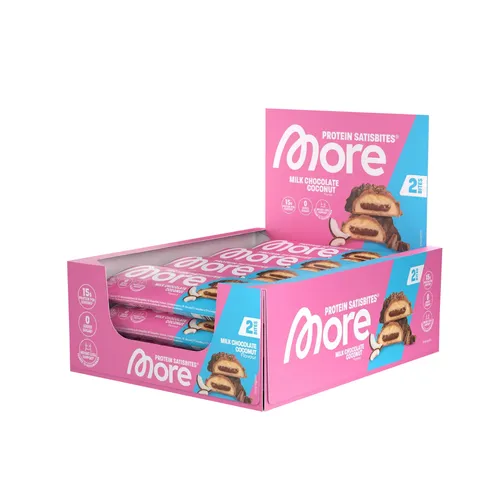 MORE Protein Satisbites, 12er Box Proteinriegel, Dark Cookie Crumble – 16 g Protein pro Portion - Genieße die MORE Protein Satisbites in der praktischen 12er Box! Mit 16 g hochwertigem Protein pro Portion und ohne Zuckerzusatz sind sie der ideale Snack für unterwegs – lecker, leicht und perfekt für bewusste Ernährung.