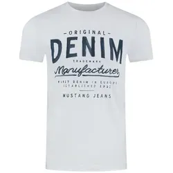 MUSTANG T-Shirt Herren Printshirt Basic Print Regular Tee (1-tlg) Kurzarm Tee Shirt mit Rundhalsausschnitt aus 100% Baumwolle weiß L (52/54)