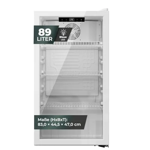 YUNA Getränkekühlschrank Cool-View GKS90 - Stilvolle Getränkekühlung - Getränkekühlschränke mit 89 Litern Nutzinhalt, Touch-Control und blauer LED-Beleuchtung. Ideal für Gewerbe und Büros, energieeffizient und modern.