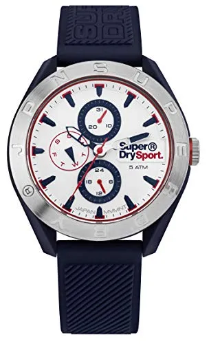 Superdry Herren Analog Quarz Uhr SYG244U mit Silikon Armband - Armbanduhren für Herren mit 43mm Gehäuse aus Kunststoff, stylischem blauen Silikonarmband und 5 bar Wasserdichtigkeit – ideal für sportliche Aktivitäten.