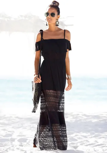 LASCANA Maxikleid mit Spitzeneinsätzen im Rockteil, schulterfreies Sommerkleid schwarz 40