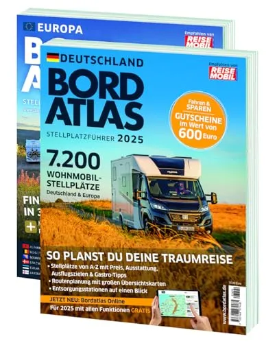 Bordatlas Stellplatzführer 2025 - Freizeit, Haus & Garten: Entdecken Sie 7.200 Stellplätze in Deutschland und Europa, inklusive Übersichtskarten und 600 Euro Gutscheine für Stellplätze.