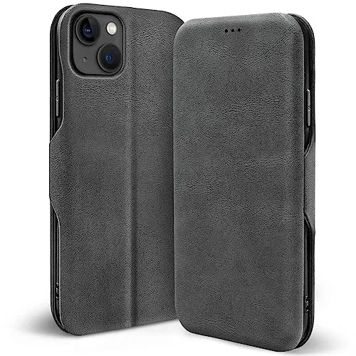 CoolGadget Klapphülle für iPhone 13, PU Leder, Kartenfach, Magnetverschluss, Standfunktion, Rundumschutz - Grau