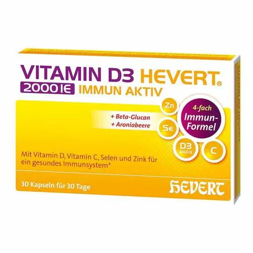 Vitamin D3 Hevert 2000 IE Immun Aktiv Kapseln - Arzneimittel zur Stärkung des Immunsystems mit 4 essenziellen Mikronährstoffen – ideal für Personen mit häufigen Erkältungen und wenig Sonnenlicht.