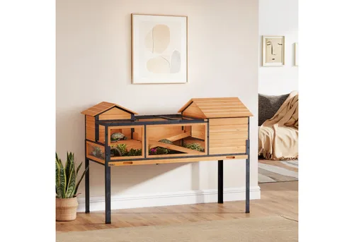 PawHut Kleintierstall mit 2 Räume, 2 Stockwerke, Fenster, Rampen, für Schildkröten, Geckos, Küken, Gelb