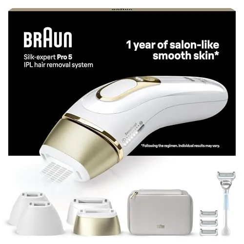 Braun IPL Silk·expert Pro 5, Alternative zur Laser-Haarentfernung für zuhause, mit Aufbewahrungstasche, Venus Rasierer, 4 Aufsätze, sichtbare Haarentfernung, Designed in Germany,Weiß oder Gold, PL5358