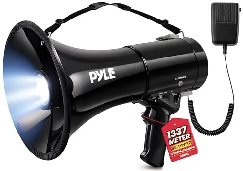 Pyle Megaphon mit Sirene, Signalhorn – Siren Megaphone – Megafon Kinder & Erwachsene 50 Watt bis 1100m Reichweite, Faltbare Megafon mit Mikrofon & Wiederverwendbare Batterie, Faltbare Handsirene