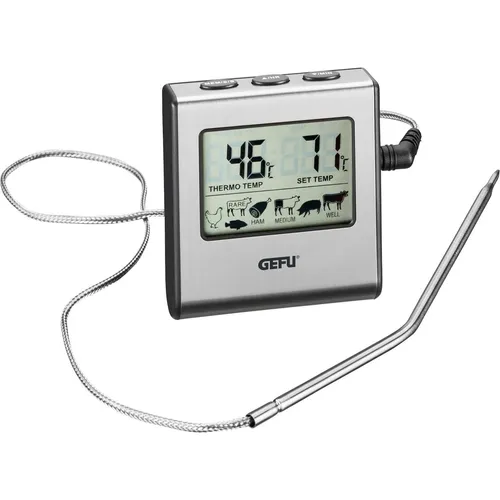 Gefu Bratenthermometer TEMPERE - Grillzubehör mit digitalem Timer und Messbereich bis 250 °C. Ideal für präzises Kochen und Braten, inklusive Befestigungsmagneten und Standfuß.