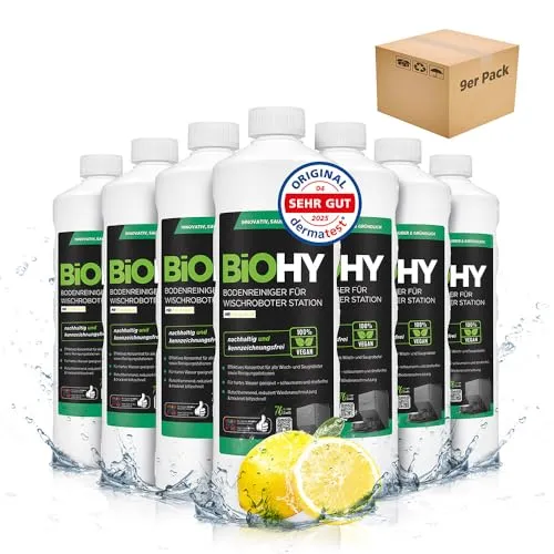 BiOHY Bodenreiniger für Wischroboter Station mit Frischeduft (9 x 1 Liter) | Reinigungsmittel Konzentrat für alle Wisch & Saugroboter mit Nass-Funktion | Schaumarm & Streifenfrei | Für alle Böden