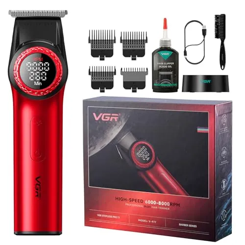 VGR 977 Professioneller Haarschneider für Männer - Kabelloser T-Blade Trimmer mit LED-Display - Haarscherer mit hochdichten Kohlenstoffstahl-Klingen, 21 Geschwindigkeitsanpassungen und 260 Minuten Betriebszeit. Ideal für präzise Schnitte und professionelles Styling zu Hause.