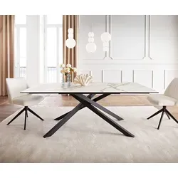 DELIFE Esstisch Edge 200x100 Keramik Calacatta Luxe Weiß-Gold-Grau Kreuzgestell Rechteck Schwarz - Weiß