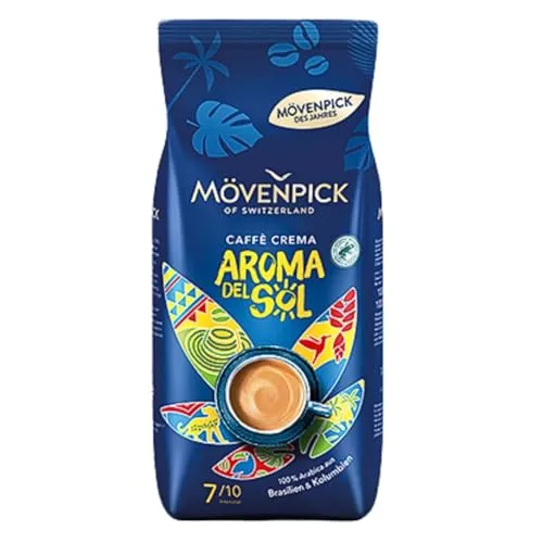 Mövenpick Kaffee des Jahres Crema Aroma Del Sol, 1kg - Geröstete Kaffeebohnen aus 100% Arabica, vollmundig mit schokoladiger Süße und Haselnussnoten. Ideal für Kaffeeliebhaber, die eine dunkle Röstung schätzen.