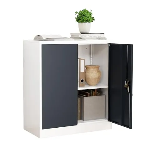 VCM Metall Büroschrank H. 90 x B. 80 x T. 40 cm - Praktischer Aktenschrank mit abschließbaren Drehtüren für sichere Aufbewahrung. Der höhenverstellbare Fachboden sorgt für flexible Nutzung und Ordnung. Ideal für Büromöbel zur Ablage von Aktenordnern.