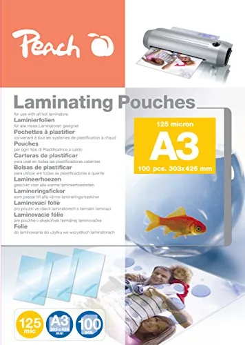 Peach Laminierfolien PP525-01 DIN A3, 125 mic, glänzend - 100 Stück - Folien für A3-Dokumente, schützen vor Schmutz und Feuchtigkeit. Hochglanzoberfläche verbessert Farben, abwaschbar und reißfest.