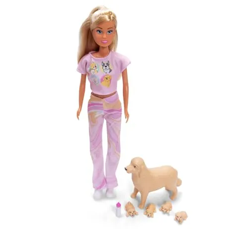Simba Steffi Love Welcome Puppies – Modepuppe mit trächtiger Hundemama und 2-4 Welpen, inkl. Hundekorb und Zubehör, Puppen-Set für Kinder, 29 cm, ab 3 Jahren