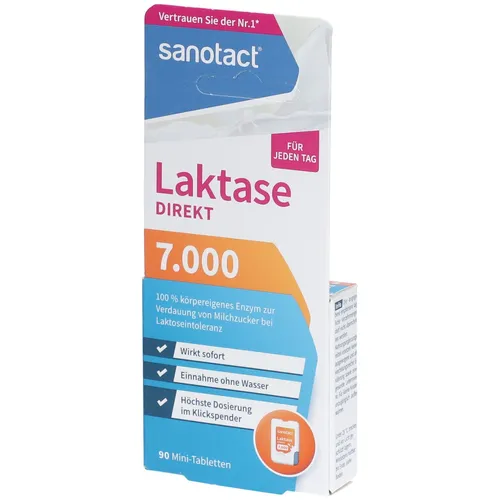 Sanotact Laktase 7.000 FCC Mini-Tabletten 90 St - Arzneimittel zur Unterstützung der Laktoseverträglichkeit, mit 7.000 FCC Einheiten pro Tablette, ideal für Laktoseintolerante.
