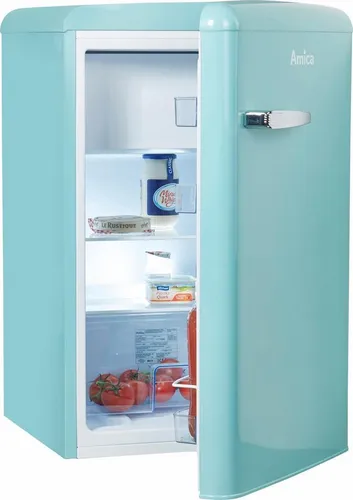 Amica Table Top Kühlschrank KS 15612 T - Retro Design in Türkisblau - Kühlschrank mit 95 l Kühlraum und 13 l Gefrierfach, energieeffizient dank Abtauautomatik und ideal für kleine Räume oder als zusätzlicher Kühlschrank.