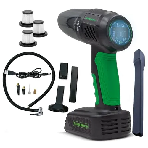 Hammersmith AirStorm inkl. HEPA-Filter 3er Set - Kabelloser Handstaubsauger & Luftkompressor mit SOS-Licht & umfangreichem Zubehörset - Autoreifen aufpumpen - Kontrolle des Reifendrucks - Multitool