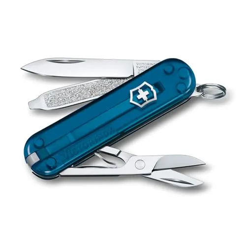 Victorinox Schweizer Taschenmesser, Klein, Classic SD, Multitool, Swiss Army Knife, Geschenk, 7 Funktionen, Klinge, Nagelfeile, Dunkelblau Transp.