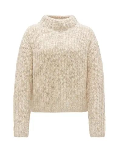 OPUS Damen Pullover PERKE Loose | Mélange Optik Macadamia, Größe 42 - Stylischer Pullover für Damen mit boxy Passform und voluminösem Stehkragen, perfekt für lässige Outfits und vielseitige Kombinationen.