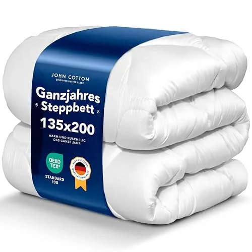 John Cotton New Way Bettdecke 135x200 - Atmungsaktive Ganzjahresdecke für Allergiker - Bettdecken, Oeko-Test zertifiziert, mit innovativer SMART STITCH Technologie für perfekte Ecken und optimalen Komfort. Ideal für Allergiker und waschmaschinengeeignet.