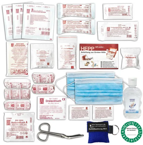 WM-Teamsport Erste-Hilfe-Set KFZ-Verbandkasten - Set DIN 13164 Plus 2 Hygiene-Gel + Beatmungshilfe