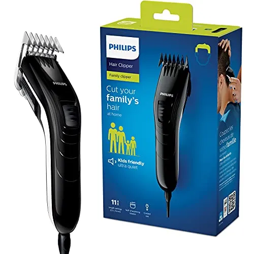 Philips QC5115/15 Haar-Rasierer - Schwarz/Weiß - Elektrischer Rasierer mit 11 Längeneinstellungen von 3 bis 21 mm, leiser Betrieb und hautfreundlichen, abgerundeten Klingen für sicheres Haareschneiden bei der ganzen Familie.