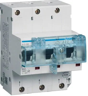Hager SLS-Schalter 3P E-80A für HS HTN380E - Doppelmaulschlüssel für Hutschienenmontage, 3-polig mit E-Charakteristik 80A, bietet Sicherheit durch separate Kontaktstellungsanzeige und verschiedene Sperrungsmöglichkeiten.