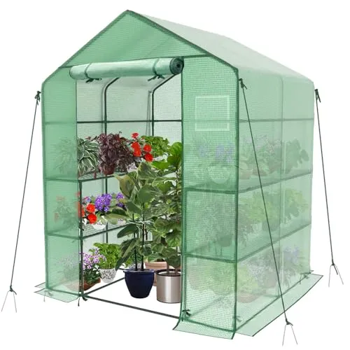 VOUNOT® Gewächshaus Foliengewächshaus, begehbares Gartenhäuschen mit 8 Regalebenen, Tomatenhaus Tomatengewächshaus, Grün 143x143x195cm