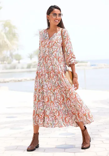 LASCANA Maxikleid mit Alloverprint und Volants - Kleider mit modischem V-Ausschnitt, langärmlig und figurumspielend für einen entspannten Casual-Chic-Look.